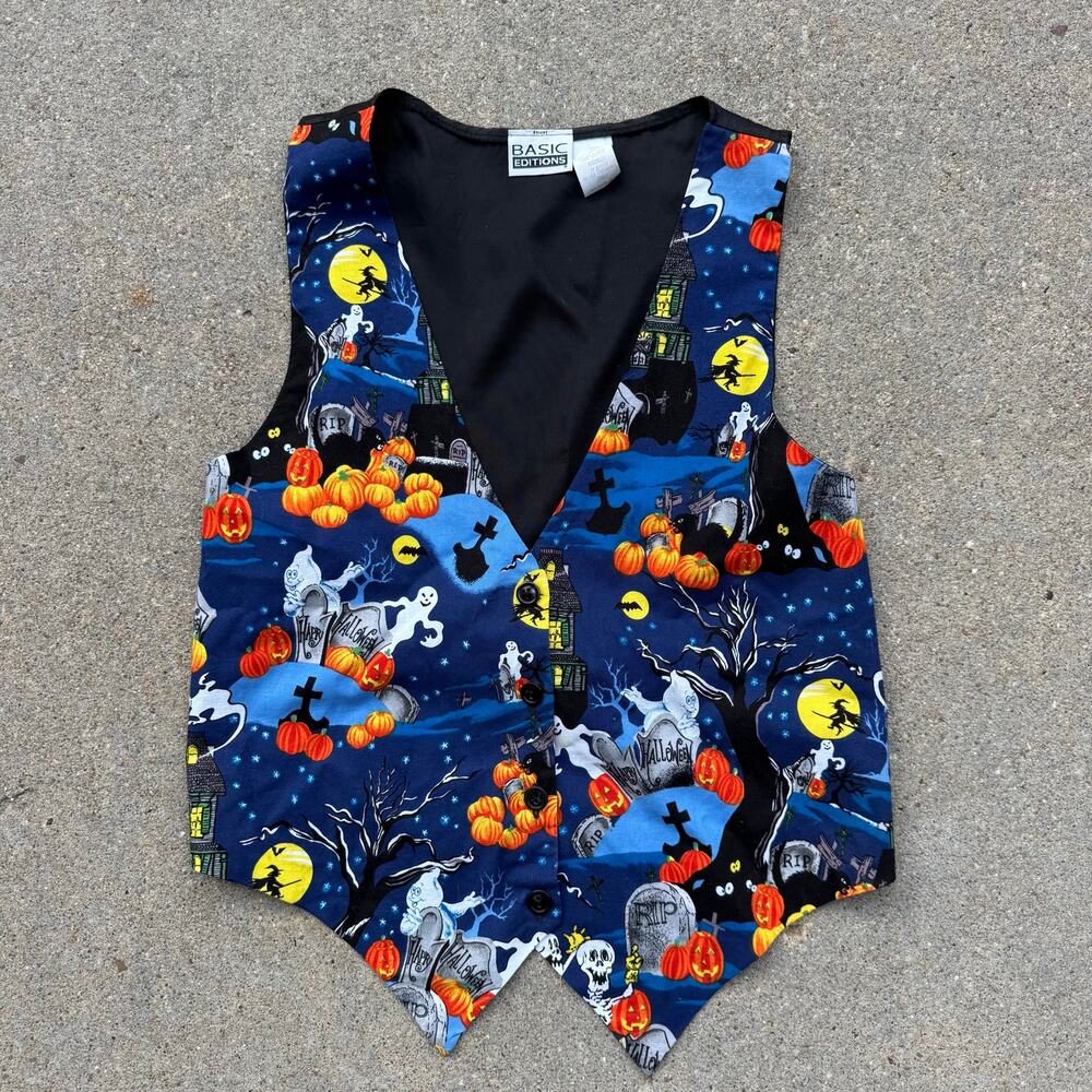 Vintage 90s Basic Editions Halloween Vest Graveyard Pumpkins Ghost Full Moon SM